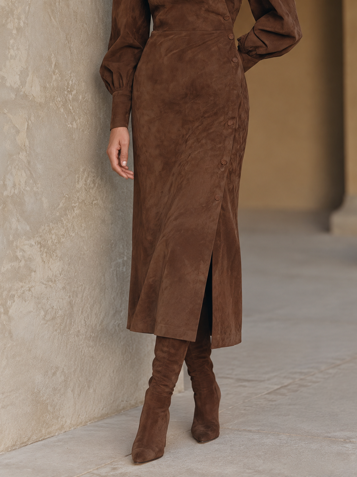 Vestido Midi de Antelina con Botones