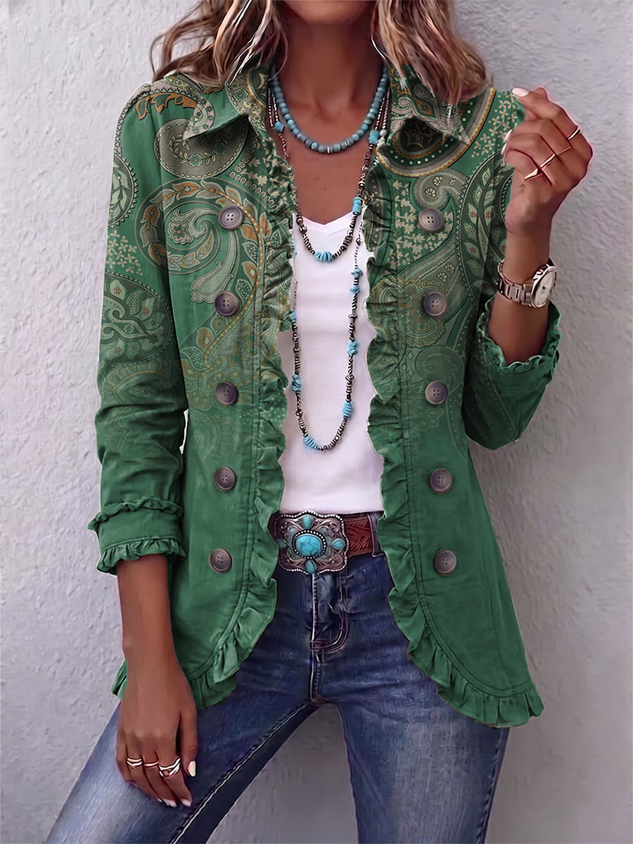 Sara Chaqueta Bohemia Paisley Verde con Volantes