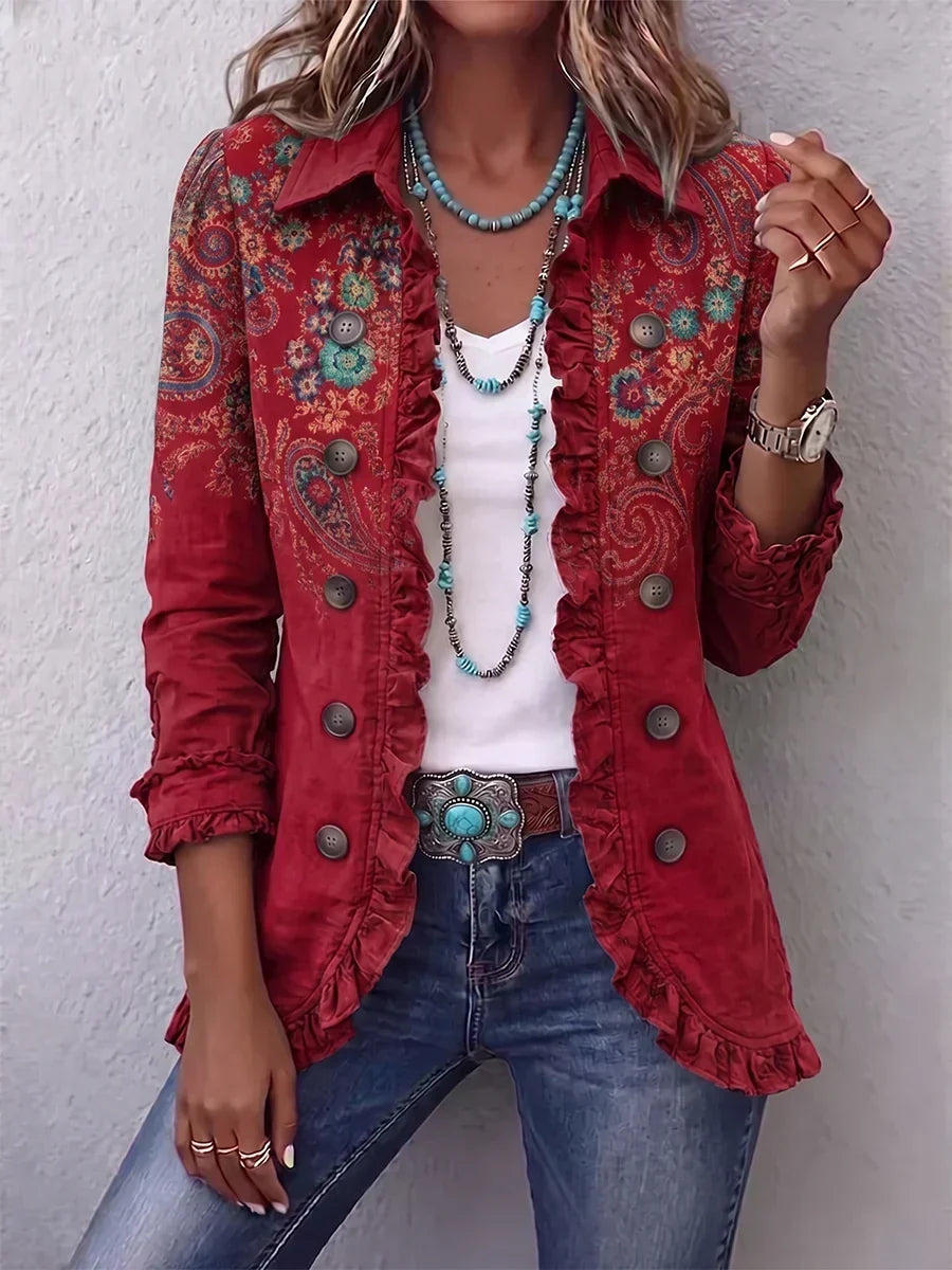 Lidia Chaqueta Bohemia Paisley Roja con Volantes