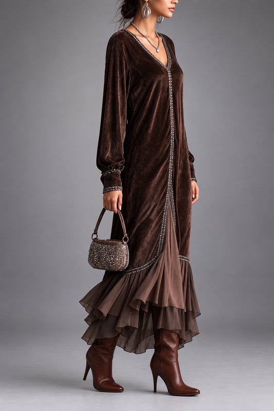Gardenia | Vestido Midi de Antelina con Escote en V y Ribete