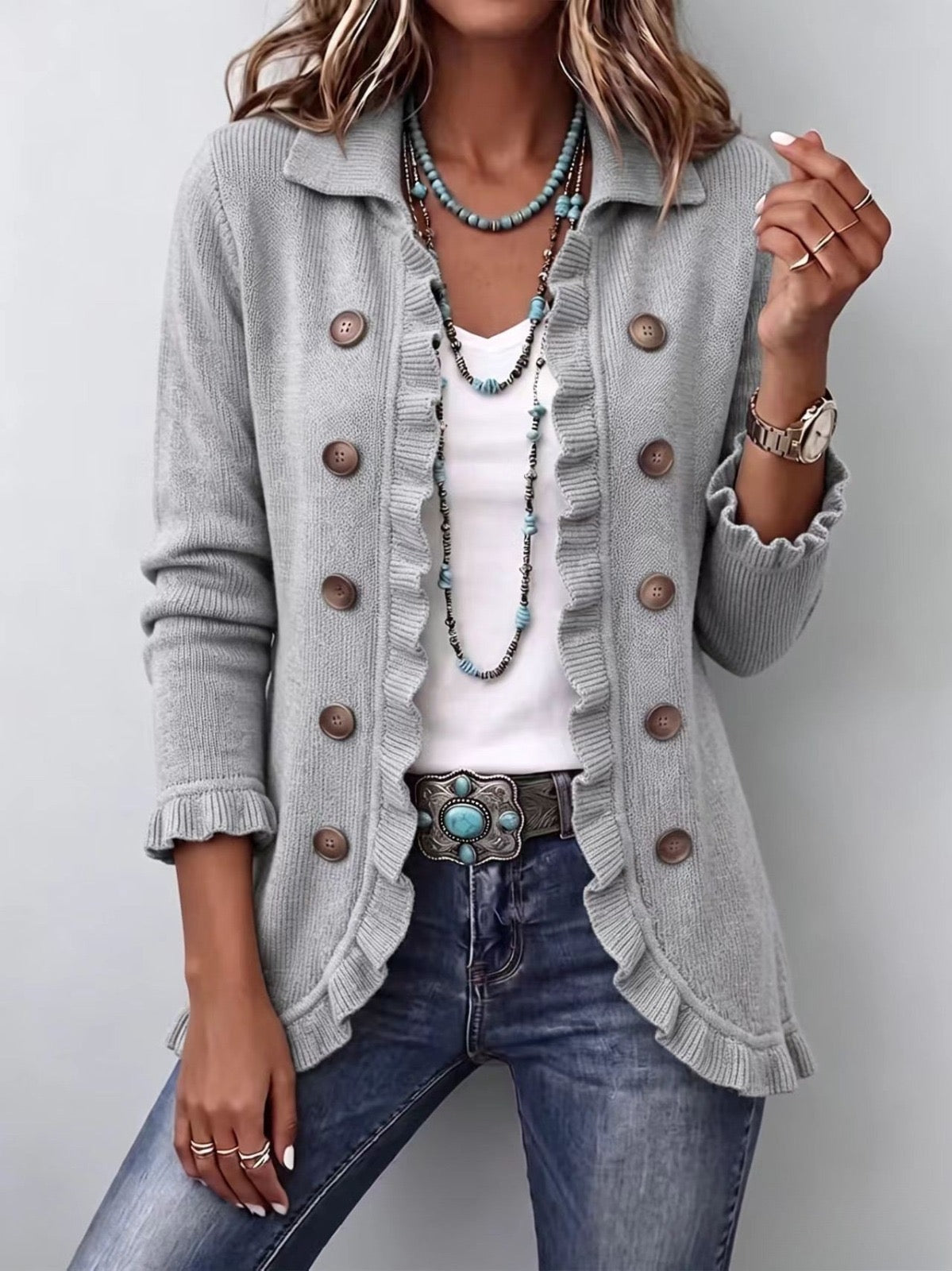 Rocío Chaqueta de Canalé Gris Jaspeado con Volantes
