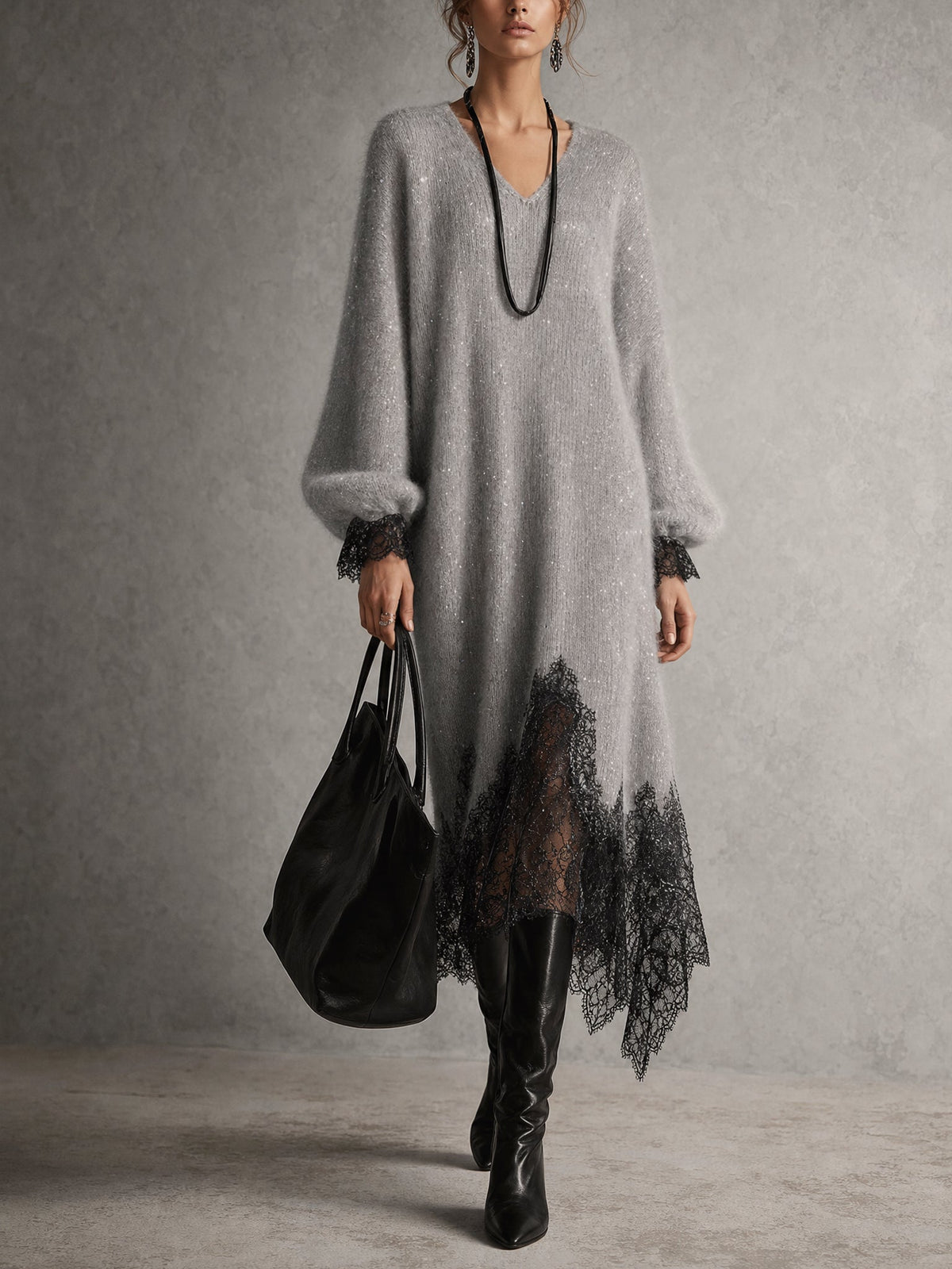 Rosaura | Vestido Midi de Punto Brillante con Bajo de Encaje