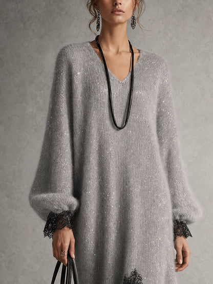 Rosaura | Vestido Midi de Punto Brillante con Bajo de Encaje