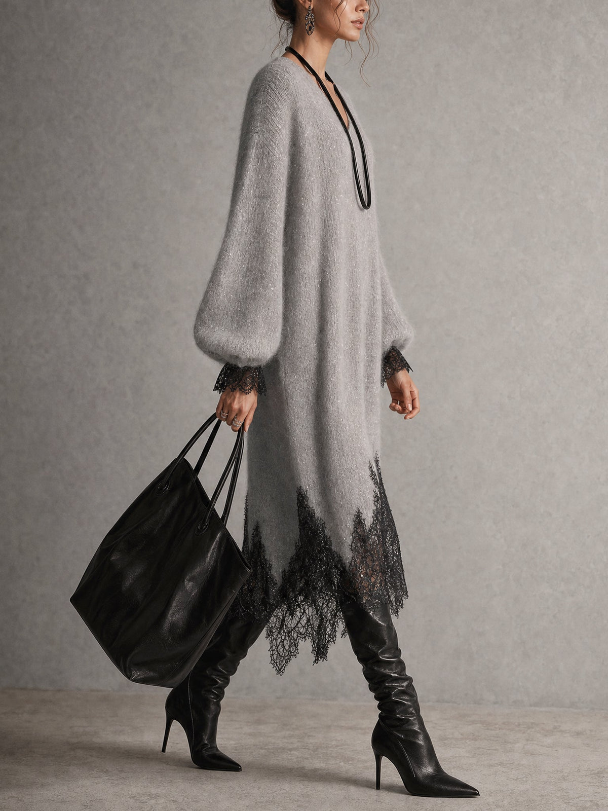 Rosaura | Vestido Midi de Punto Brillante con Bajo de Encaje