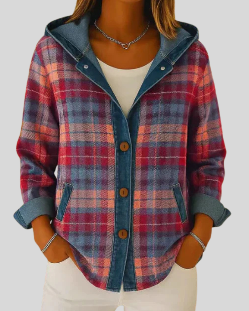 Sobrecamisa de Cuadros con Capucha y Ribetes Denim