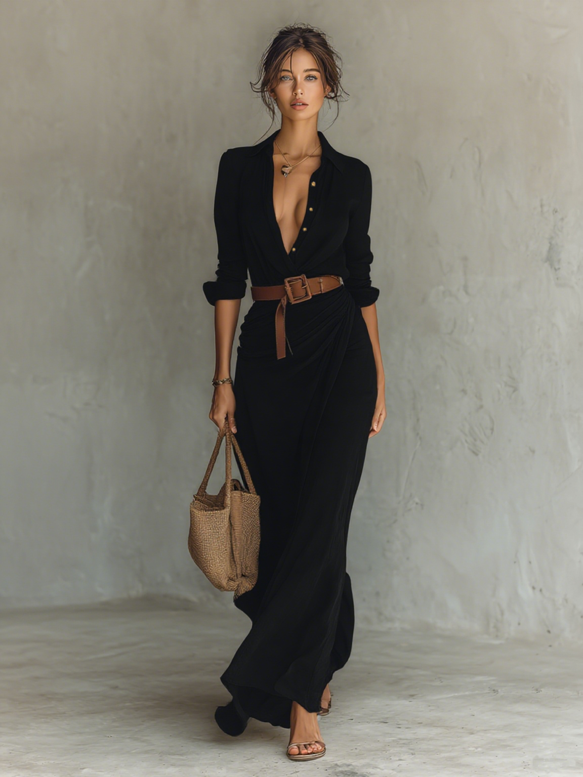 Vestido Largo con Cuello Solapa