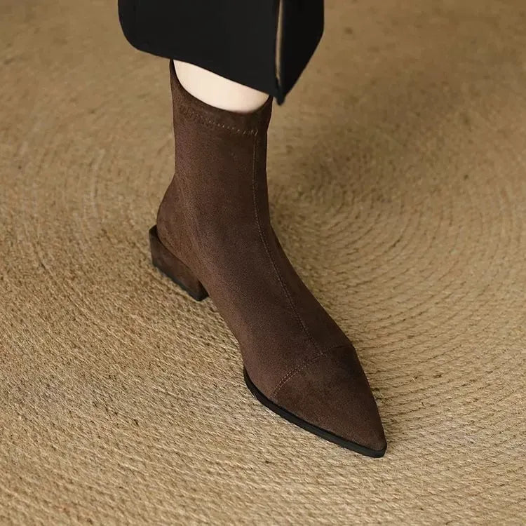 Delfina | Botines de Ante con Punta Fina y Tacón Bajo