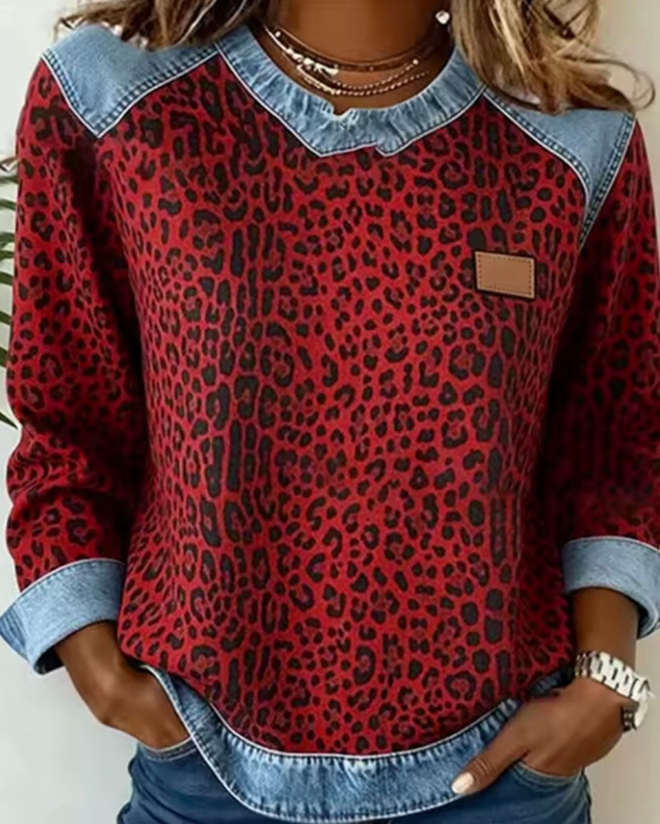 Jersey de Leopardo con Cuello de Denim
