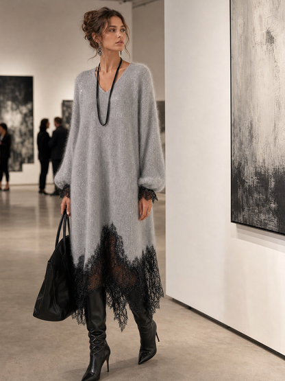 Rosaura | Vestido Midi de Punto Brillante con Bajo de Encaje
