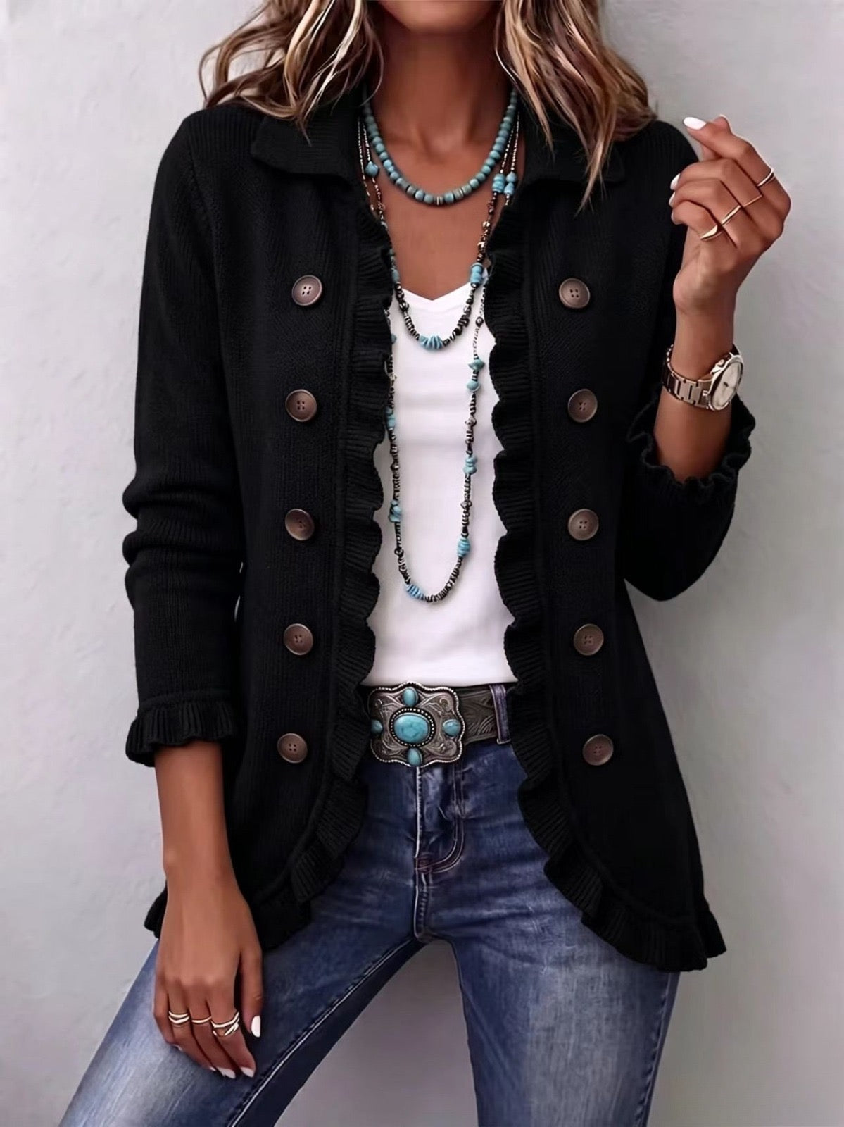 Claudia Chaqueta de Canalé Negra con Volantes