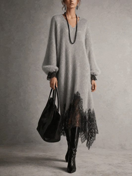 Rosaura | Vestido Midi de Punto Brillante con Bajo de Encaje