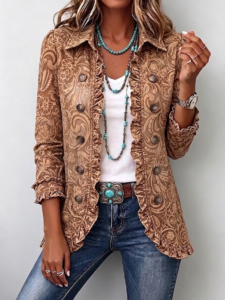 Raquel Chaqueta Bohemia de Flores Marrón con Volantes