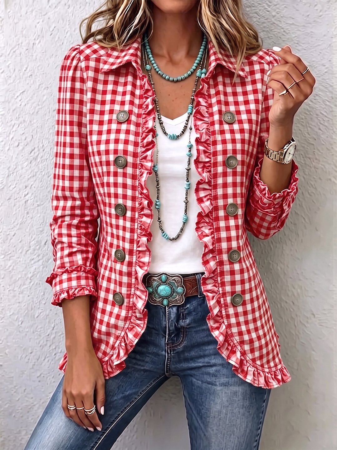 Inés | Camisa chaqueta de cuadros vichy con volantes