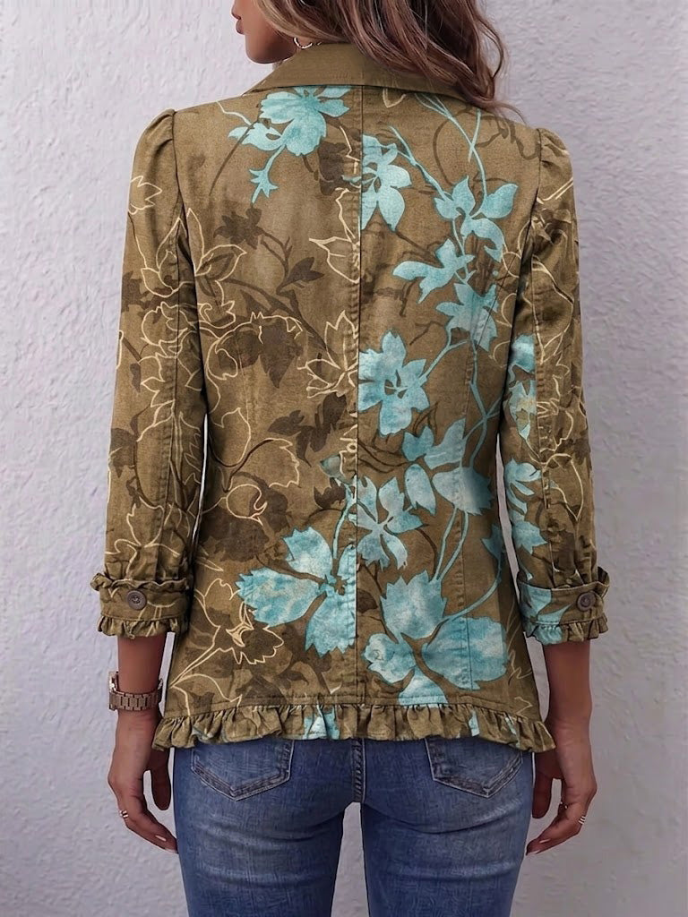 Silvia Chaqueta Bohemia de Flores Oliva y Turquesa con Volantes