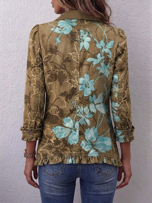 Silvia Chaqueta Bohemia de Flores Oliva y Turquesa con Volantes