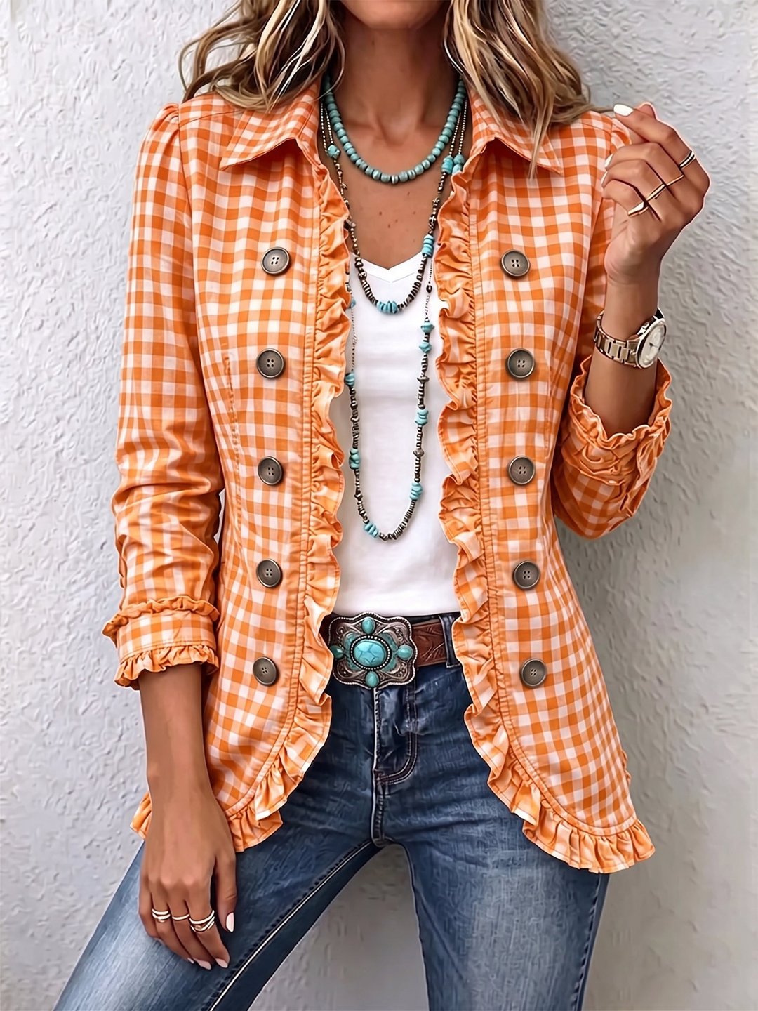 Inés | Camisa chaqueta de cuadros vichy con volantes