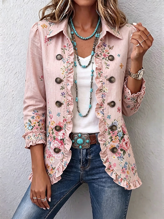 Helena Chaqueta de Flores Rosa con Volantes y Botones