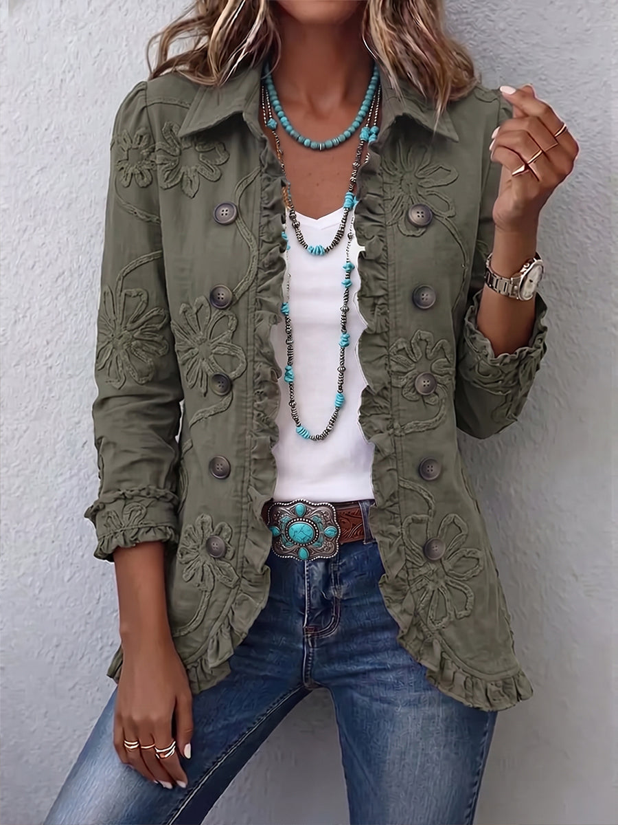 Ainhoa Chaqueta Bohemia Bordada de Flores Verde Oliva con Volantes