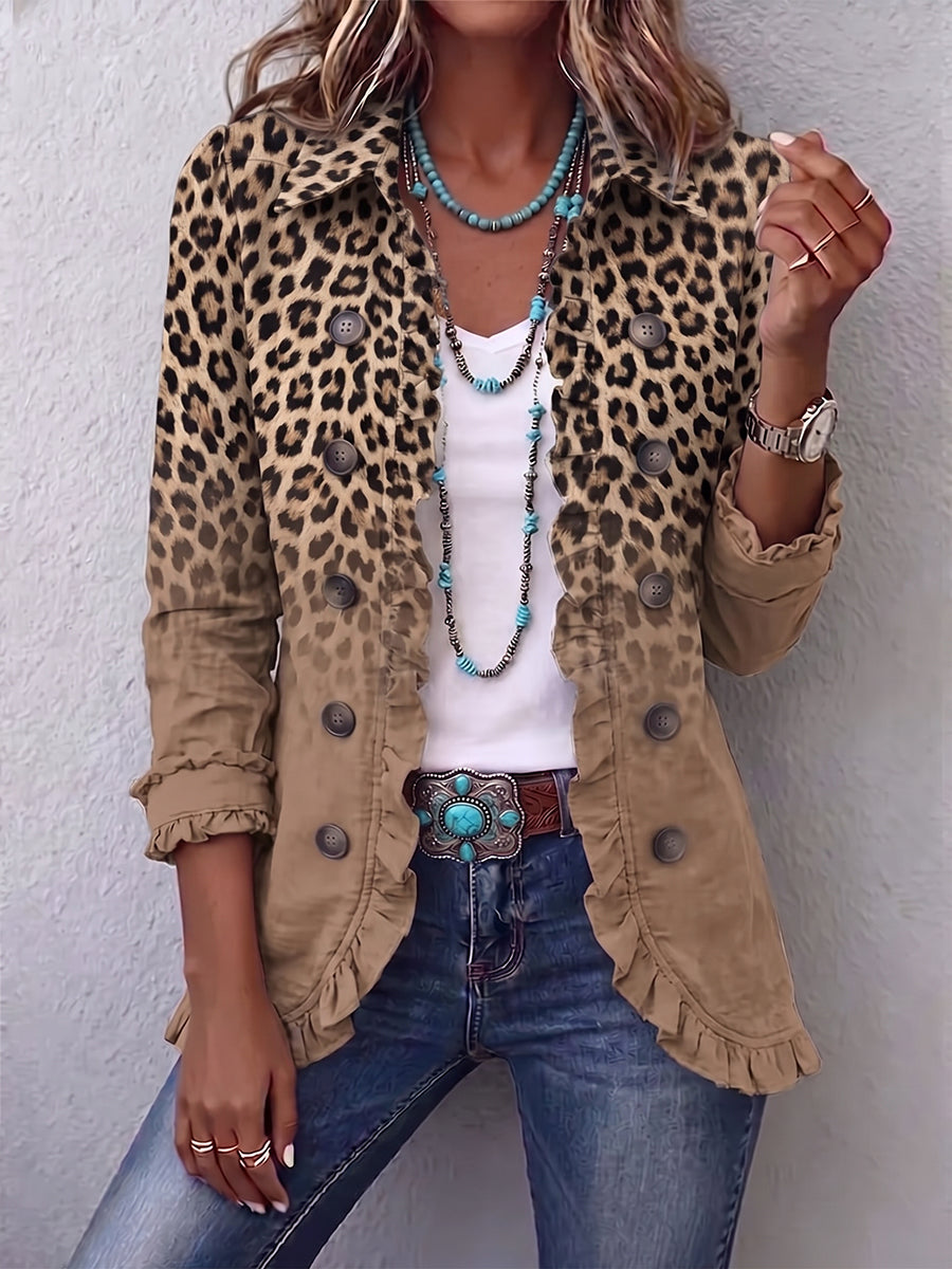 Berta Chaqueta de Leopardo Degradado Camel con Volantes