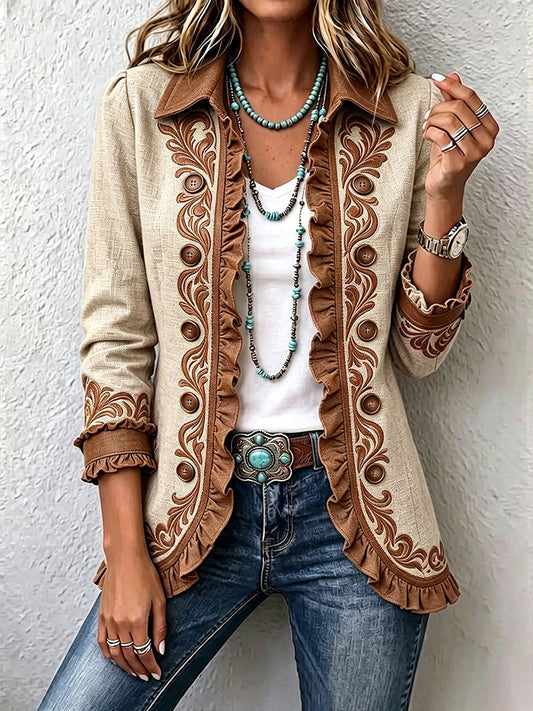 Sonia Chaqueta Bohemia de Flores Camel y Marrón con Volantes
