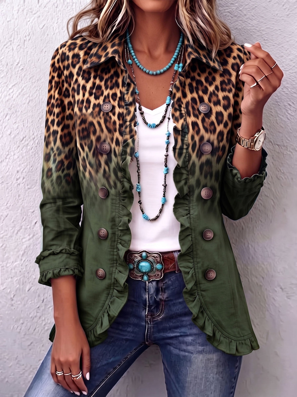 Tania Blazer de Leopardo Degradado Verde Oliva