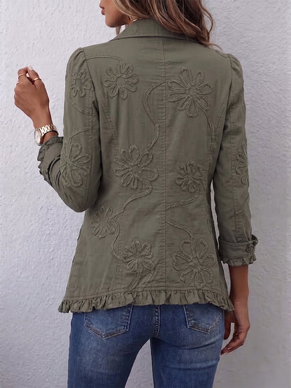 Ainhoa Chaqueta Bohemia Bordada de Flores Verde Oliva con Volantes