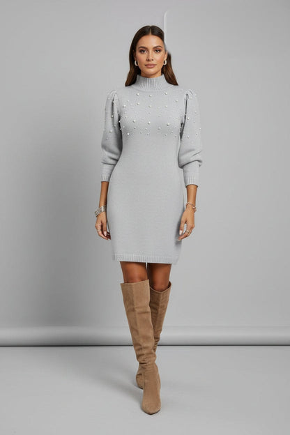 Vestido de Punto con Perlas gris
