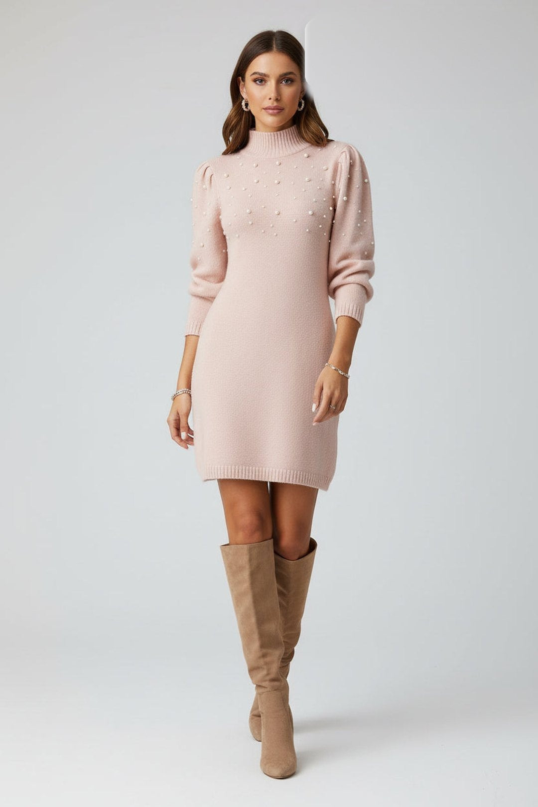 Vestido de Punto con Perlas rosa